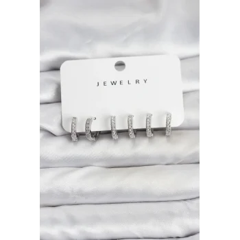 Gümüş Renk Pirinç Zirkon Taşlı Halka Kadın Küpe Seti