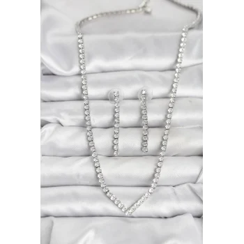 Gümüş Renk Zirkon Taşlı Kadın Kolye Küpe Seti