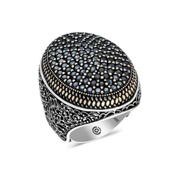 Luz&Pos Gümüş Siyah Zirkon Taşlı Oval Erkek Yüzük