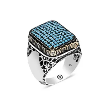 Luz&Pos Gümüş Turkuaz Zirkon Taşlı Kare Erkek Yüzük