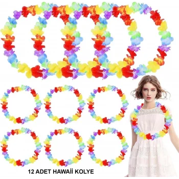 Hawaii Çiçekli Boyun Kolyesi - Renkli Tropikal Parti Leisi 12 Adet