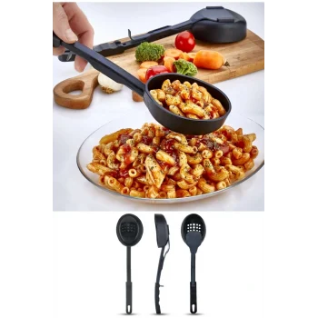 Isıya Dayanıklı 3 İn 1 Servis Kepçesi - Kepçe Kevgir Kaşık 3'ü Bir Arada Servis Seti