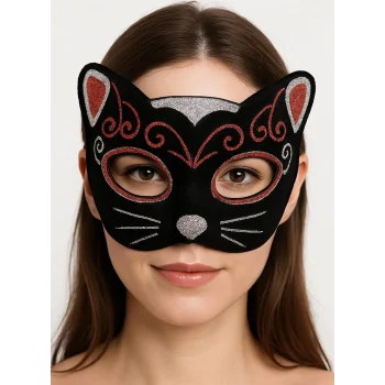 Kadife Dokulu Simli Kedi Maskesi Kırmızı Gümüş Detaylı