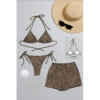 Kadın 3lü Set Leopar Desenli Şortlu ve Yandan Bağlamalı Bikini Mayo Takımı – Modern, Konforlu ve Günlük Kombinlere Uygun