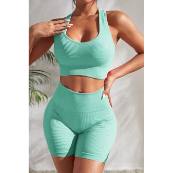 Kadın Açık Mavi Yüksek Bel Çapraz Sırt Detaylı Şortlu Gecelik Takım – Modern, Konforlu ve Günlük Kombinlere Uygun