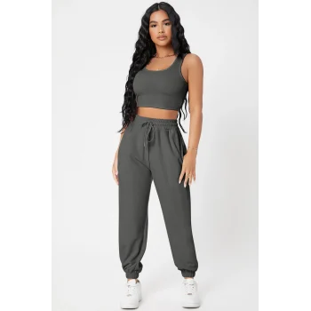 Kadın Antrasit Gri Kaşkorse Cepli Jogger Eşofman Altı ve Crop Top Bluz – Şık, Rahat ve Kolay Kombinlenebilir