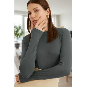 Kadın Antrasit Gri Parmak Detaylı Esnek Uzun Kollu Body