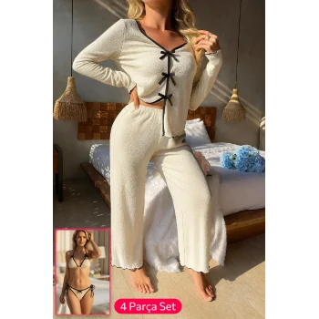 Kadın Beyaz Fiyonklu İç Çamaşırı ve Uzun Kollu V Yaka Pijama Takımı 4lü Set