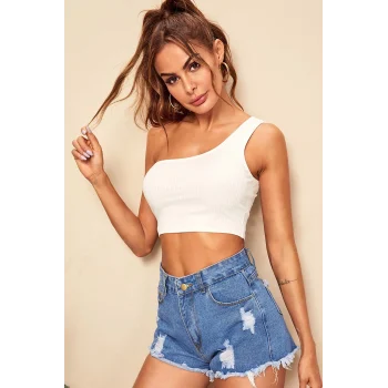 Kadın Beyaz Tek Omuz Crop Büstiyer – Modern ve Şık Tasarım