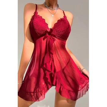Kadın Bordo Dantelli, Fırfırlı Tül ve Fiyonk Detaylı Tangalı Gecelik Takımı
