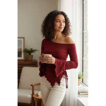 Kadın Bordo Uzun İspanyol Kollu Asimetirik Yaka Yandan Bağlamalı Drapeli Bluz