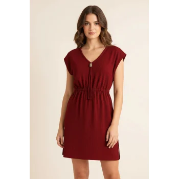 Kadın Bordo Yanları Yırtmaçlı Tokalı V Yaka Mini Plaj Elbisesi