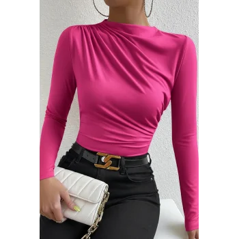 Kadın Fuşya Belden ve Boyundan Büzgü Detaylı Uzun Kollu Bluz