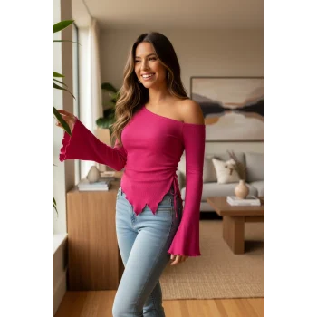 Kadın Fuşya Uzun İspanyol Kollu Asimetirik Yaka Yandan Bağlamalı Drapeli Bluz