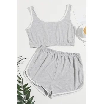 Kadın Gri Askılı Crop Top ve Şortlu Gecelik Takım