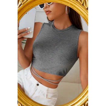 Kadın Gri Çapraz Bağlamalı Crop Top Büstiyer – Modern ve Şık Tasarım