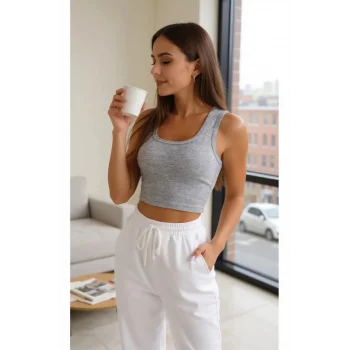 Kadın Gri Kare Yaka Crop Top Bluz – Şık, Rahat ve Kolay Kombinlenebilir