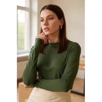 Kadın Haki Yeşili Parmak Detaylı Esnek Uzun Kollu Body