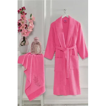 Kadın Havlulu Banyo Bornoz Takımı &#37;100 Pamuklu Fuşya