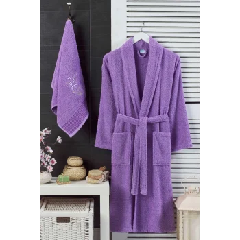 Kadın Havlulu Banyo Bornoz Takımı &#37;100 Pamuklu Lavanta