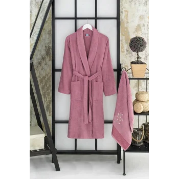 Kadın Havlulu Banyo Bornoz Takımı &#37;100 Pamuklu Mürdüm