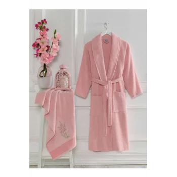 Kadın Havlulu Banyo Bornoz Takımı &#37;100 Pamuklu Pembe