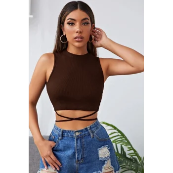 Kadın Kahverengi Çapraz Bağlamalı Crop Top Büstiyer – Modern ve Şık Tasarım