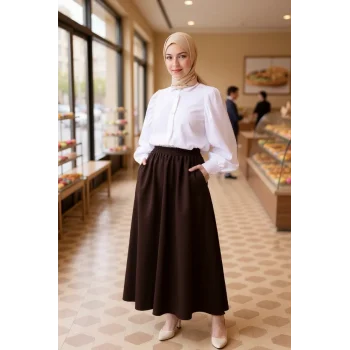 Kadın Kahverengi Double Kumaş Beli Lastikli Cepli Etek