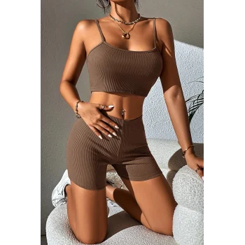Kadın Kahverengi Şortlu Kaşkorse Gecelik Takım – Modern, Konforlu ve Günlük Kombinlere Uygun