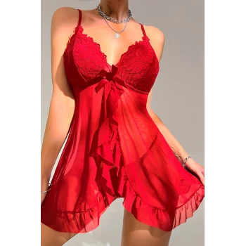 Kadın Kırmızı Dantelli, Fırfırlı Tül ve Fiyonk Detaylı Tangalı Gecelik Takımı – Modern, Konforlu