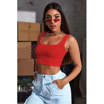 Kadın Kırmızı Kalın Askılı Crop Top Büstiyer – Modern ve Şık Tasarım