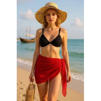Kadın Kırmızı Transparan Belden Bağlamalı Pareo – Modern ve Şık Tasarım