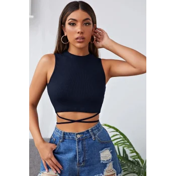 Kadın Lacivert Çapraz Bağlamalı Crop Top Büstiyer – Modern ve Şık Tasarım