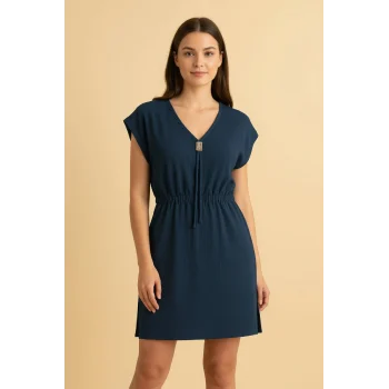 Kadın Lacivert Yanları Yırtmaçlı Tokalı V Yaka Mini Plaj Elbisesi