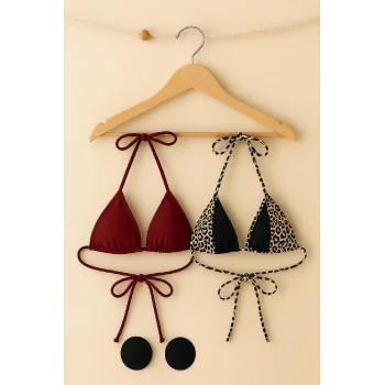 Kadın Leopar Desenli ve Bordo Minimal Kesim Üçgen Bikini Üstü – Modern ve Şık Tasarım