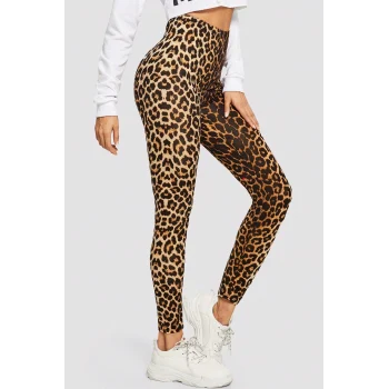 Kadın Leopar Desenli Yüksek Bel Dar Kesim Esnek Tayt – Modern ve Şık Tasarım