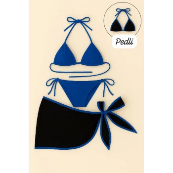 Kadın Mavi Pareolu Yandan ve Boyundan Bağlamalı 3lü Bikini Takımı – Modern, Konforlu ve Günlük Kombinlere Uygun