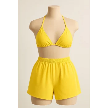 Kadın Sarı Şortlu Belden ve Boyundan Bağlamalı Bikini Takımı – Modern, Konforlu ve Günlük Kombinlere Uygun
