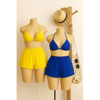 Kadın Sarı ve Mavi Şortlu Belden ve Boyundan Bağlamalı Bikini Takımı – Modern, Konforlu ve Günlük Kombinlere Uygun
