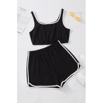 Kadın Siyah Askılı Crop Top ve Şortlu Gecelik Takım