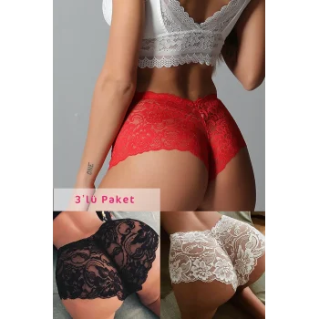 Kadın Siyah Beyaz Kırmızı 3lü Paket Dantel Tanga Şort Külot – Modern ve Şık Tasarım