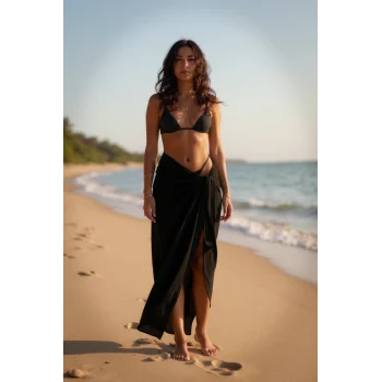 Kadın Siyah Bodrum Stili Bağlama Detaylı 150x75 Pareo – Modern ve Şık Tasarım