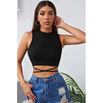 Kadın Siyah Çapraz Bağlamalı Crop Top Büstiyer – Modern ve Şık Tasarım