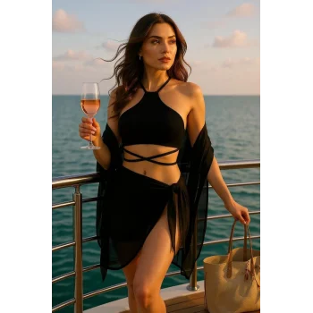 Kadın Siyah Çapraz Bağlamalı Crop ve Pareo 2li Set – Modern ve Şık Tasarım