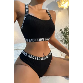 Kadın Siyah Çapraz Sırt Ve Love Yazı Detaylı Iç Çamaşır Takımı – Modern, Konforlu