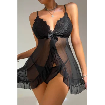 Kadın Siyah Dantelli, Fırfırlı Tül ve Fiyonk Detaylı Tangalı Gecelik Takımı