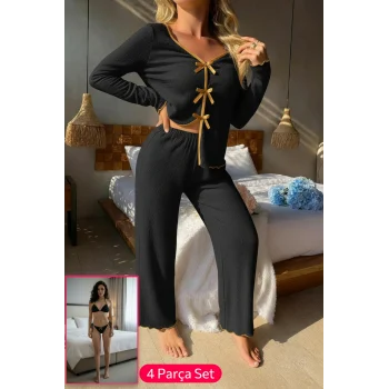 Kadın Siyah Fiyonklu İç Çamaşırı ve Uzun Kollu V Yaka Pijama Takımı 4lü Set