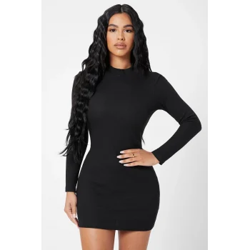Kadın Siyah Kaşkorse Balıkçı Yaka Uzun Kollu Bodycon Mini Elbise