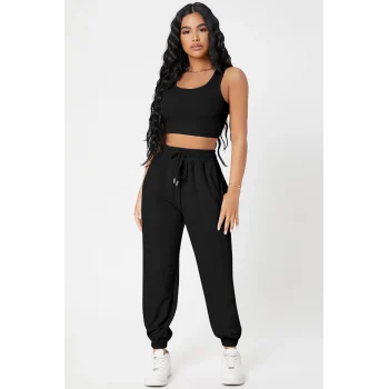 Kadın Siyah Kaşkorse Cepli Jogger Eşofman Altı ve Crop Top Bluz