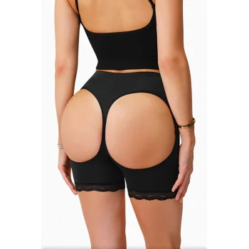 Kadın Siyah Pop Up Kalça Kaldırıcı ve Sekillendirici Dantel Paçalı Şort Külot – Modern ve Şık Tasarım